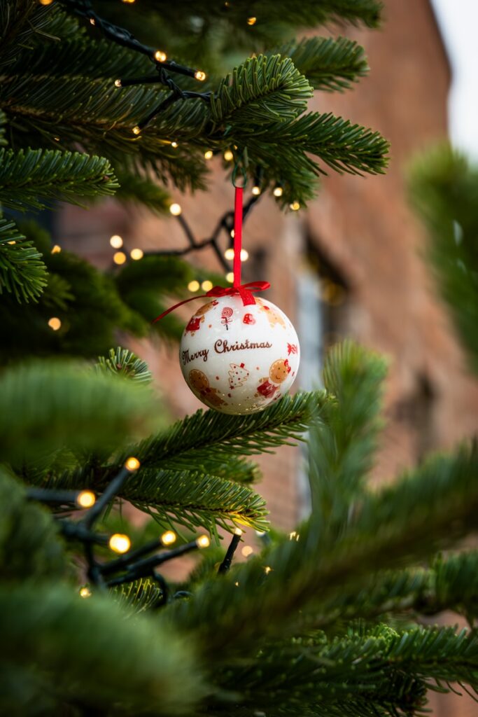 Christmas ornament hangs on a decorated tree
